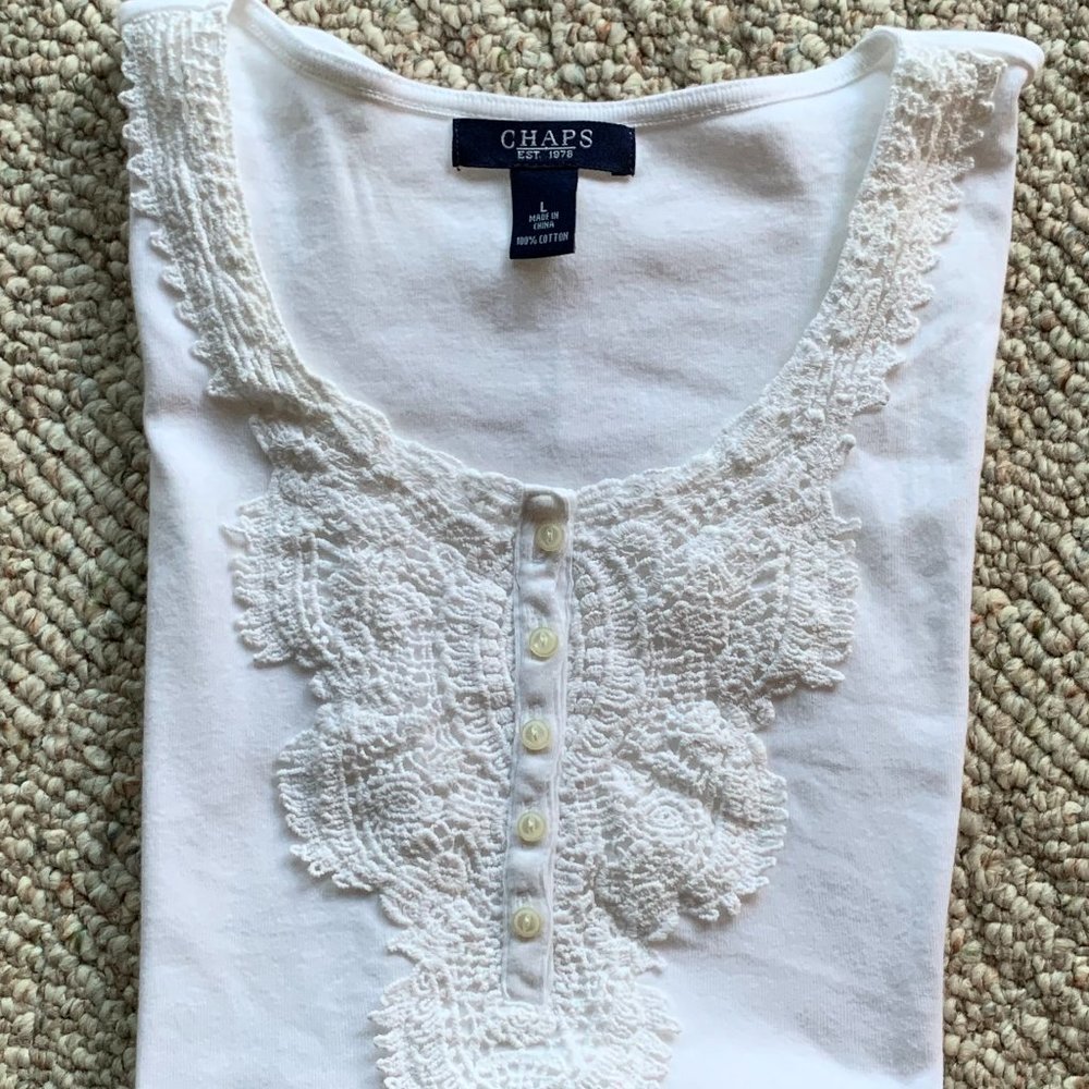 Chaps Sleeveless Embroidered Cotton Top - White - Size Large
